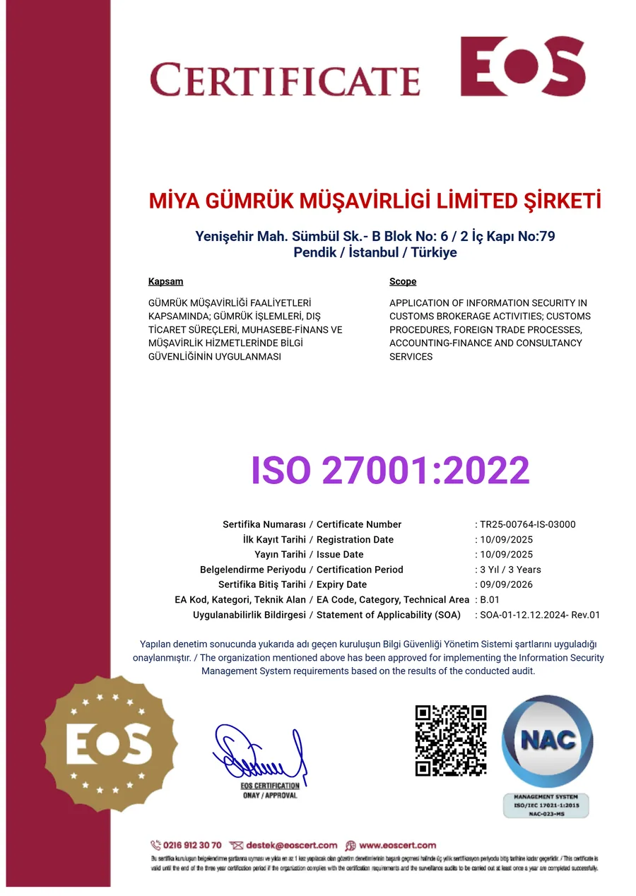 Miya Gümrük Müşavirliği Limited Şirketi adına düzenlenmiş ISO 27001:2022 Bilgi Güvenliği Yönetim Sistemi sertifikası
