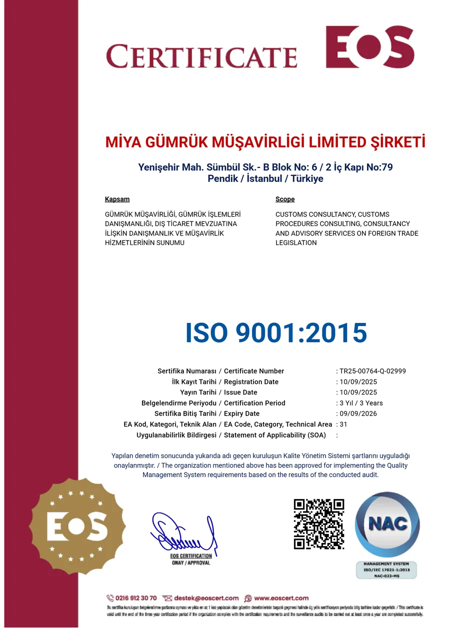 Miya Gümrük Müşavirliği Limited Şirketi adına düzenlenmiş ISO 9001:2015 Kalite Yönetim Sistemi sertifikası